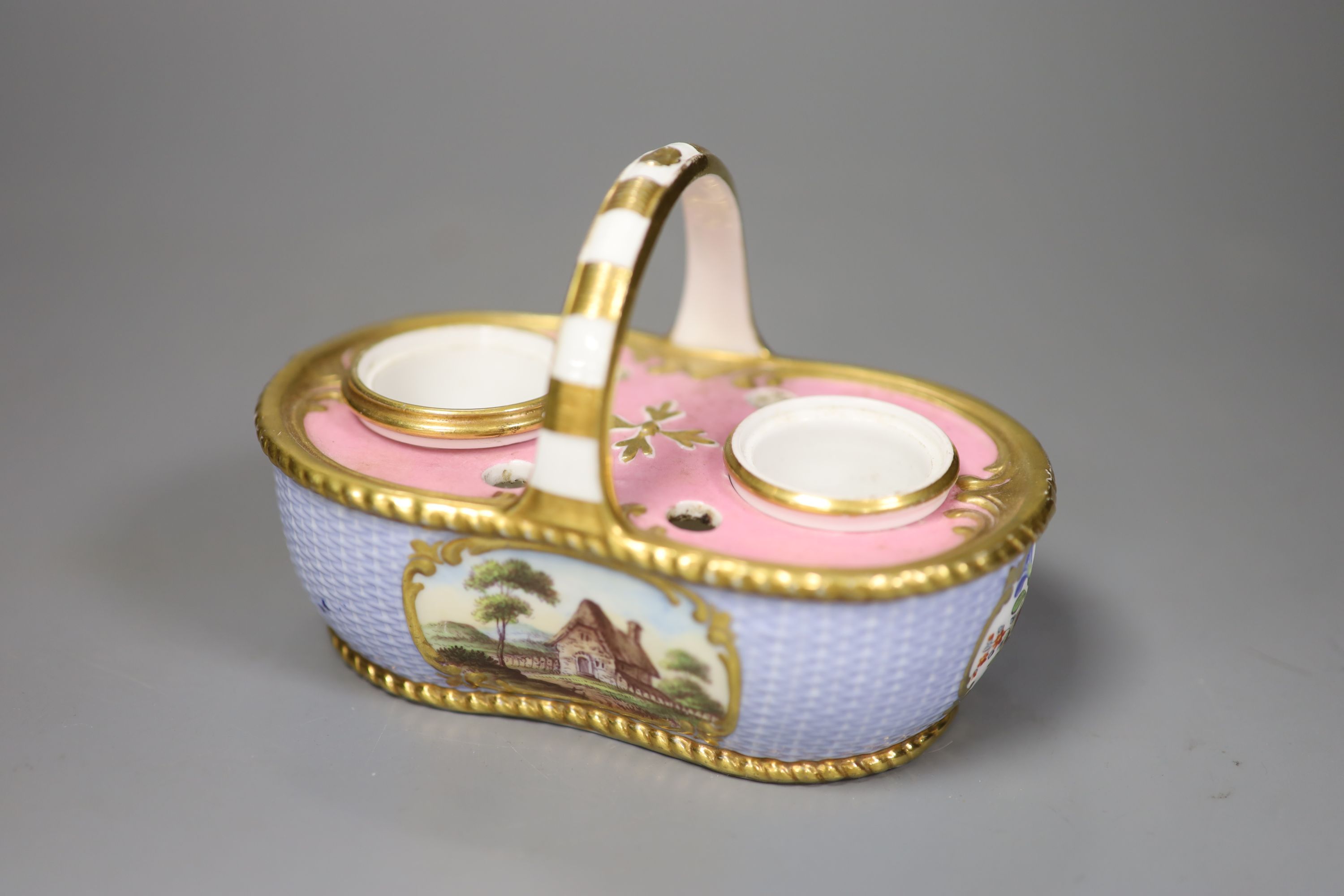 A Spode inkstand with basket weave moulding painted in blue having a landscape in gilt panels on each side c. 1820 Spode 2448 Strachan